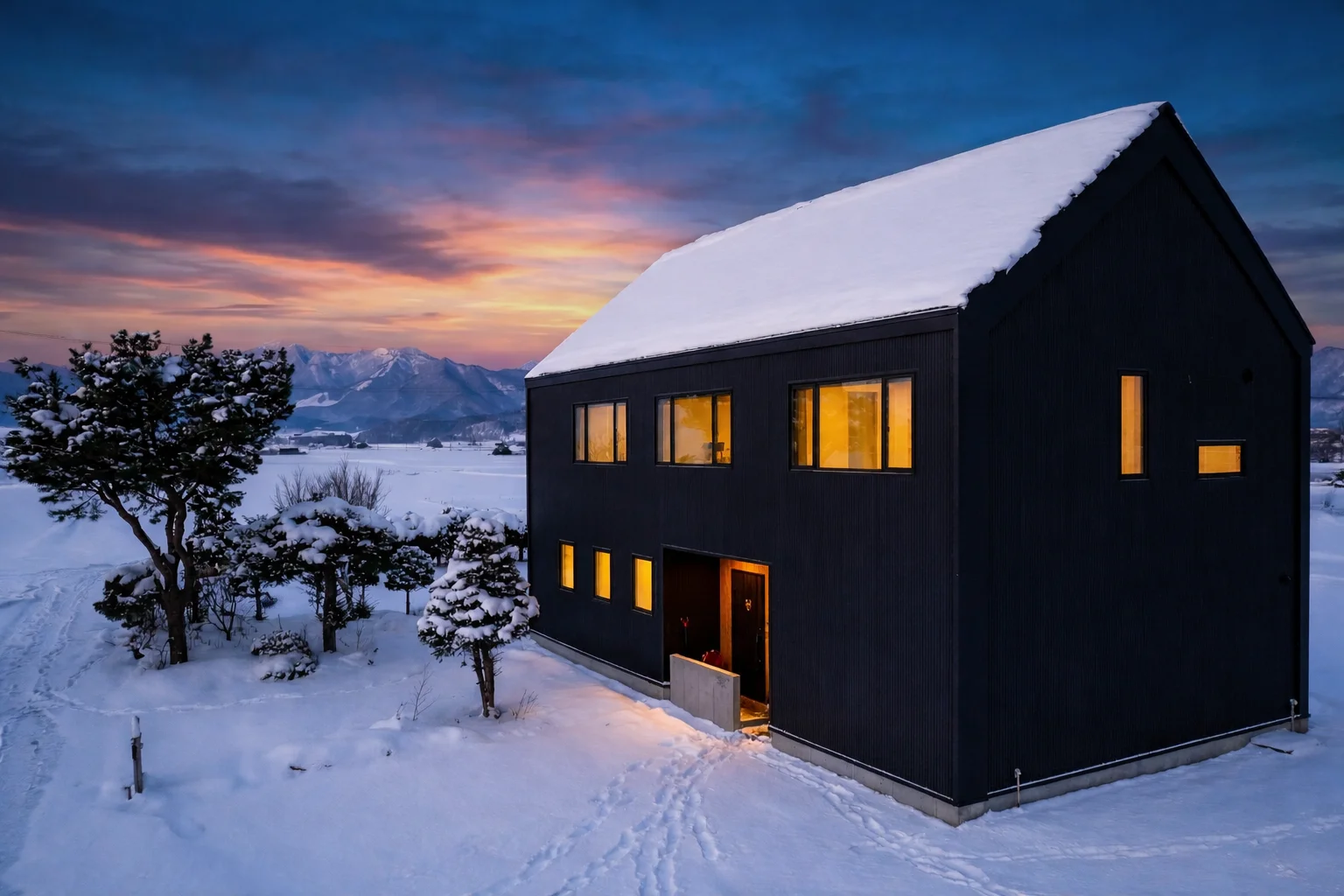Villa Matsu at sunset with mountain backdrop, Furano